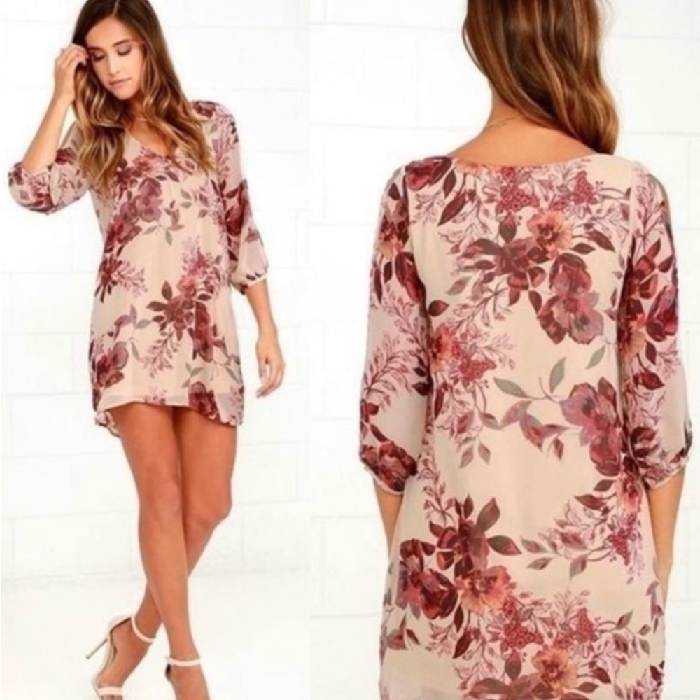 Lulus Earth Tone “Shifting Dears” Floral Feminine Bohemian Shift Dress NWT - Picture 2 of 15